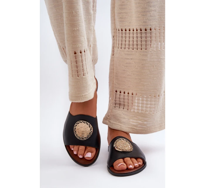 Zazoo 2938 Skórzane Klapki Na Płaskim Obcasie Z Ozdobą Czarne Zazoo 2938 Skórzane Klapki Na Płaskim Obcasie Z Ozdobą Czarne