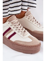 Skórzane Sneakersy Damskie Na Platformie Zazoo N1234 Beżowo-Bordowe