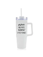 PRÁCE NEUTEČE, KÁVA VYSTYDNE! - bílý cestovní termohrnek s průhledným víčkem 900 ml