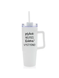 PRÁCE NEUTEČE, KÁVA VYSTYDNE! - bílý cestovní termohrnek s průhledným víčkem 900 ml