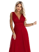 687-2 Elegantní maxi šaty s výstřihem do V a odhalenými zády – světle vínová