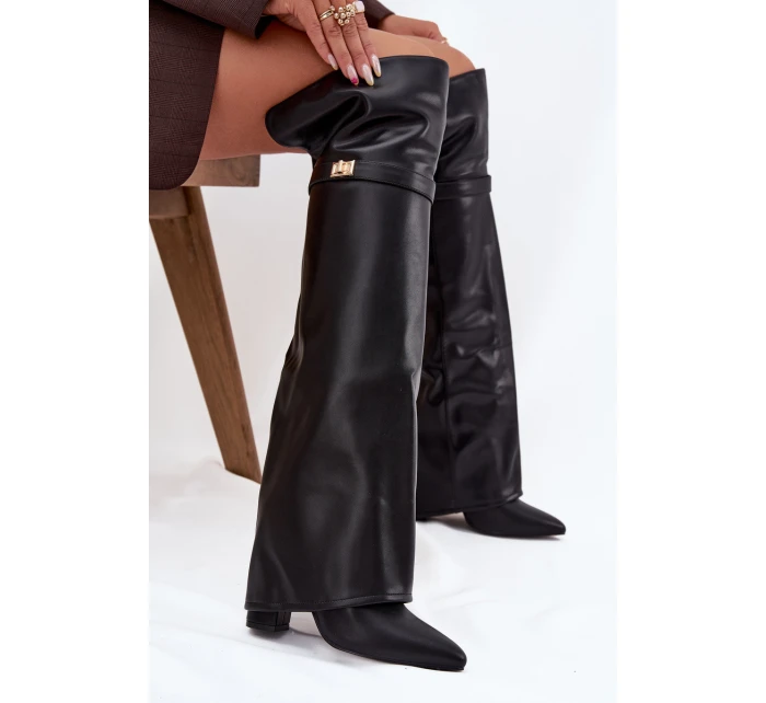 Ocieplane Kozaki Z Wywiniętą Cholewką Za Kolano Obcas Słupek Czarne Serelle