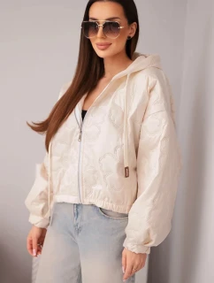 Dámska prešívaná bunda s kapucňou a ozdobným kvetinovým reliéfom béžová