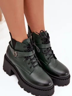 Dámske čižmy Zazoo - kožené, s ozdobným remienkom, tmavozelené