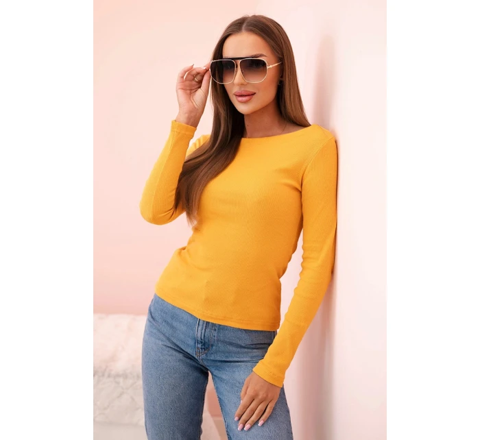 Dámska bavlnená blúzka s dlhým rukávom a lodičkovým výstrihom horčicovej farby