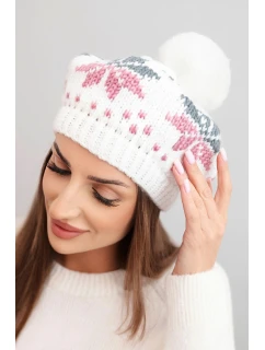 Dámska zimná vlnená čiapka s motívom snehovej vločky a bambulou K457 biela