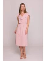 S411 Šaty bez rukávov s volánovým výstrihom - púdrové S411 Šaty bez rukávov s volánovým výstrihom - púdrové