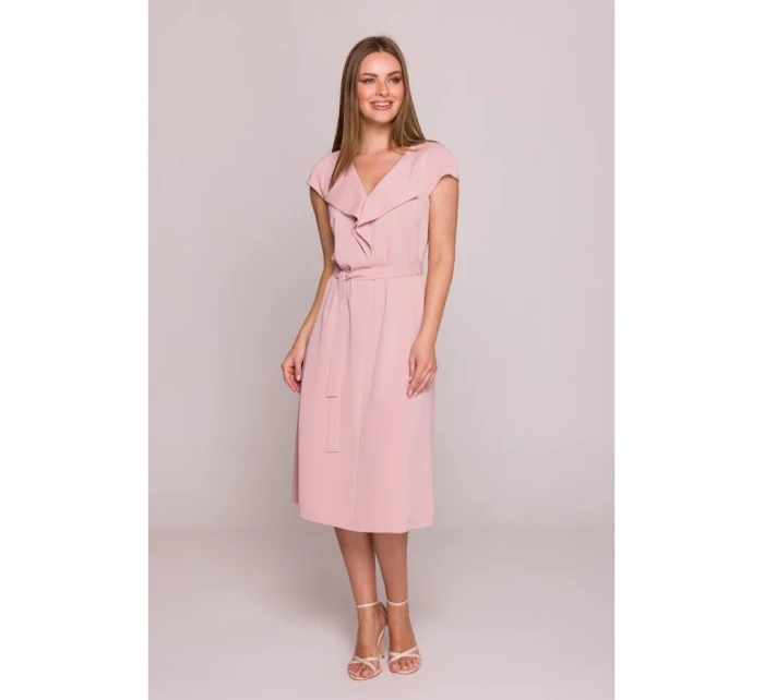 S411 Šaty bez rukávov s volánovým výstrihom - púdrové S411 Šaty bez rukávov s volánovým výstrihom - púdrové