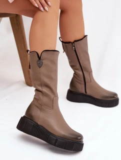 Dámske kožené čižmy Zazoo s vlnou - tmavo béžové