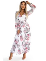 Bílé dámské plisované midi šaty s výstřihem, dlouhými rukávy, páskem a se vzorem růží model 21883690 - numoco basic