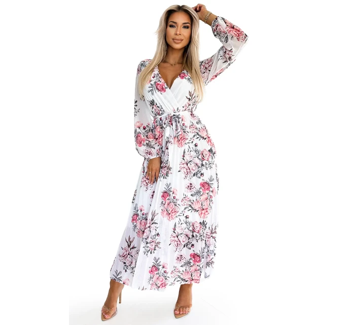 Bílé dámské plisované midi šaty s výstřihem, dlouhými rukávy, páskem a se vzorem růží model 21883690 - numoco basic