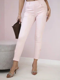 Kalhoty barevné džínové s mašlí pudrově růžové