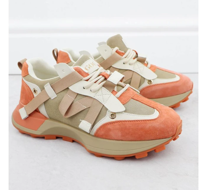 Dámské kožené tenisky béžové a oranžové model 21904648 - Goe