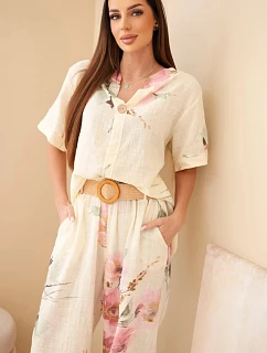 Dámska bavlnená súprava s krátkym rukávom a širokými nohavicami žltá