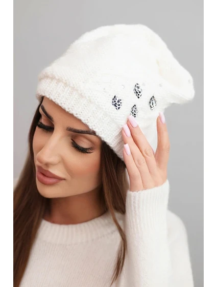 Dámská zimní čepice vlněná s krystaly a vzorem model 21859345 mocca - K-Fashion