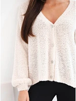Dámský svetr s vlnou model 22353141 na knoflíky s výstřihem do V světlý béžový - K-Fashion Dámský svetr s vlnou model 22353141 na knoflíky s výstřihem do V světlý béžový - K-Fashion