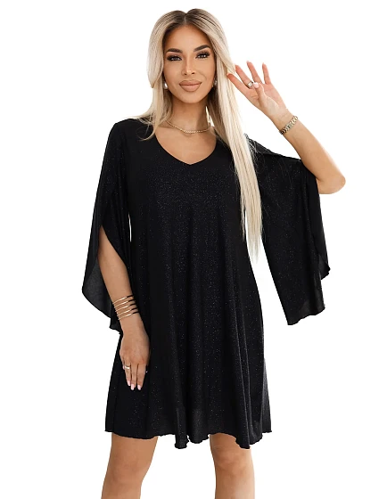 Elegantní trapézové šaty s rukávy černé s brokátem model 21097874 - numoco Elegantní trapézové šaty s rukávy černé s brokátem model 21097874 - numoco