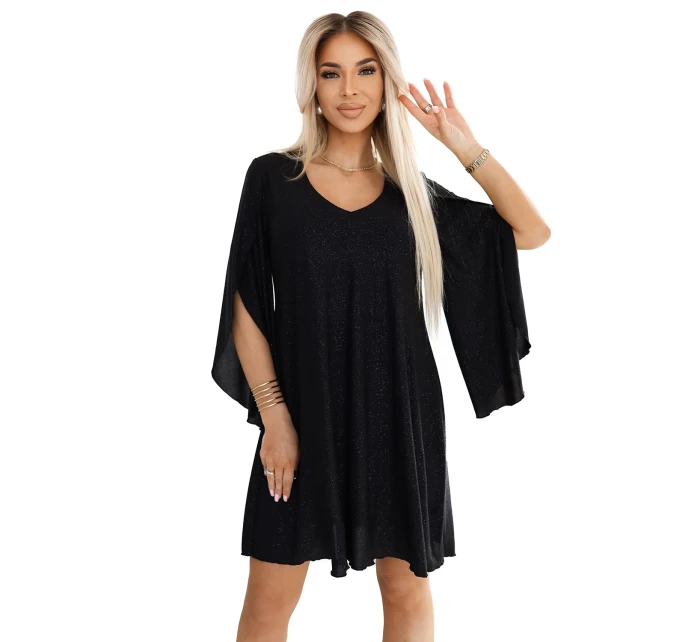 597-1 LIVIA Elegantné trapézové šaty s motýlími rukávmi - čierne s brokátom 597-1 LIVIA Elegantné trapézové šaty s motýlími rukávmi - čierne s brokátom