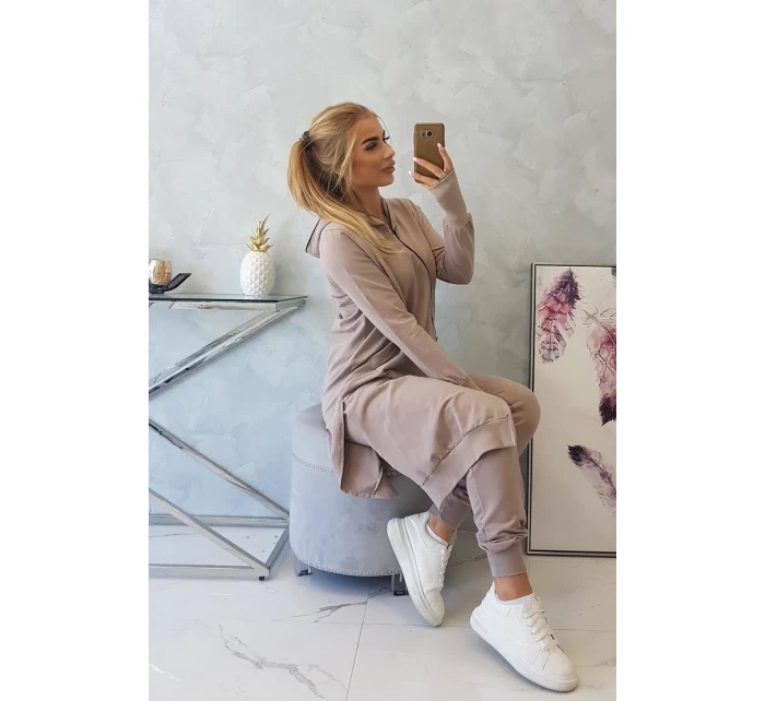 Mikinová súprava s dlhšou stranou tmavo béžová