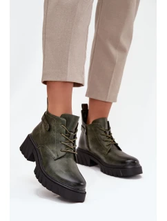 Niskie Ocieplane Botki Damskie Na Klocku Z Ozdobnym Paskiem Ciemnozielone Therisse