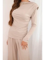 Dámský bavlněný komplet s blůzou a širokými kalhotami model 21472125 - K-Fashion