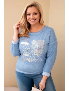 Dámská blůza Plus Size se potiskem a delší zadní částí džínová