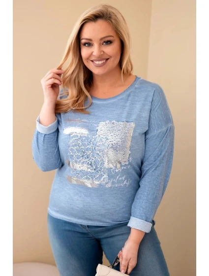 Dámská blůza Plus Size se potiskem a delší zadní částí džínová