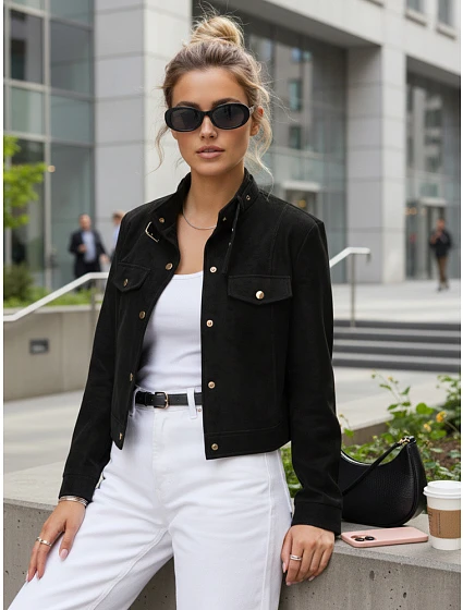 Dámska bunda z ekokože s gombíkmi čierna FashionStreet TY5668 Dámska bunda z ekokože s gombíkmi čierna FashionStreet TY5668
