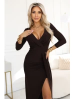 Elegantní dlouhé šaty s obálkovým výstřihem a rozparkem  hnědé model 21720277 - numoco
