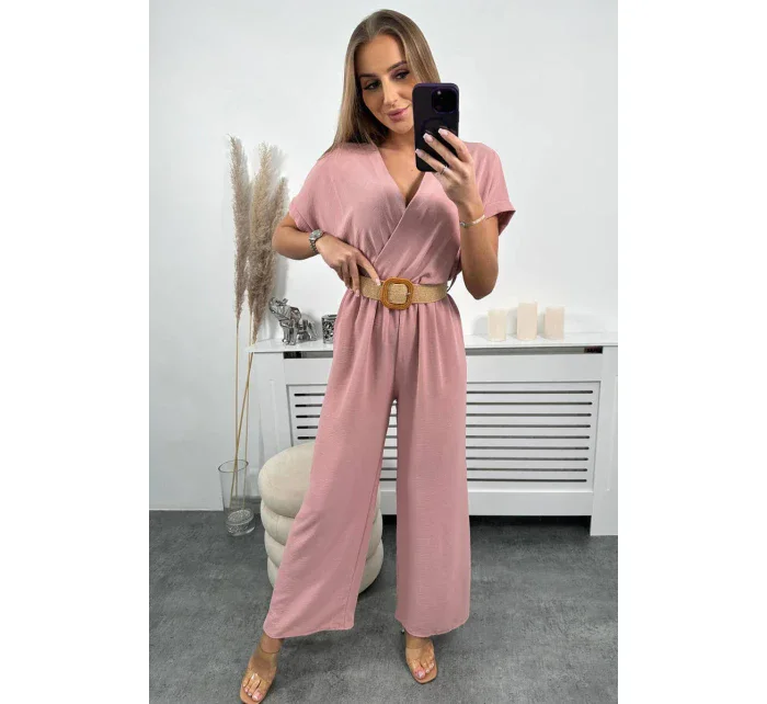 Kombinéza s ozdobným pásom púdrovo ružová
