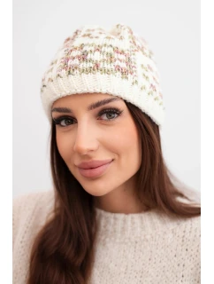 Zimná čiapka pre ženy s farebným vláknom a hrubým úpletom K355 ecru+khaki+dark pink