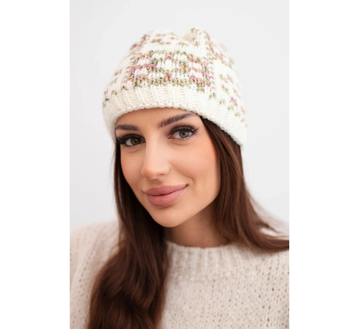 Zimná čiapka pre ženy s farebným vláknom a hrubým úpletom K355 ecru+khaki+dark pink