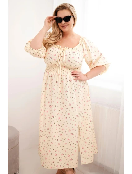 Dámske plus size šaty so šnúrkovým výstrihom a elastickým pásom žlté