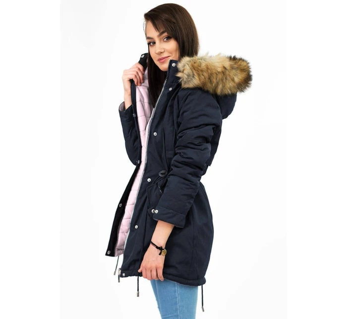 Tmavomodrá a ružová obojstranná dámska zimná bunda s kapucňou (w211) Tmavomodrá a ružová obojstranná dámska zimná bunda s kapucňou (w211)