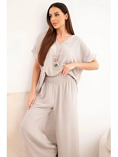 Súprava s náhrdelníkom blúzka + nohavice tmavobéžová