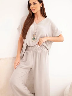 Súprava s náhrdelníkom blúzka + nohavice tmavobéžová