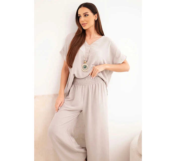 Súprava s náhrdelníkom blúzka + nohavice tmavobéžová