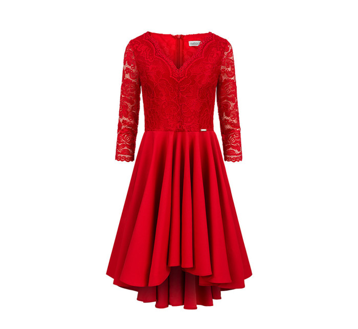 Červené dámske šaty s dlhším zadným dielom a čipkovaným výstrihom model 7162273