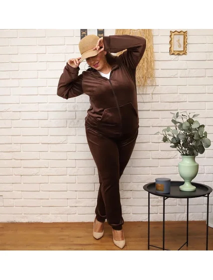 Dámska tepláková súprava plus size v moka farbe s kapucňou na zips (8216) Dámska tepláková súprava plus size v moka farbe s kapucňou na zips (8216)