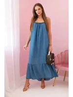 Dámské šaty na ramínka s volánem model 21130190 denim - K-Fashion Dámské šaty na ramínka s volánem model 21130190 denim - K-Fashion