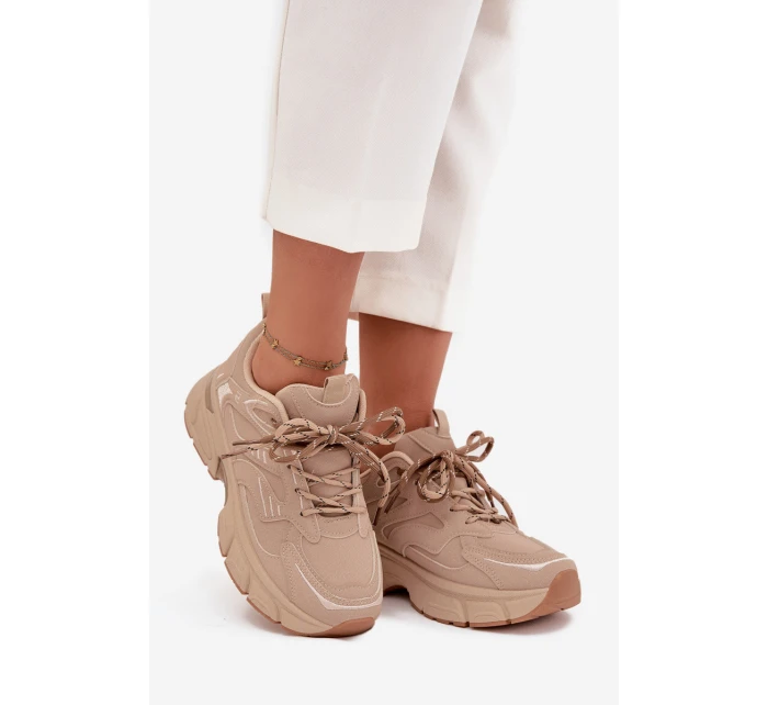 Buty Sportowe Sneakersy Damskie Z Podwójnym Sznurowaniem Beżowe Annelie Buty Sportowe Sneakersy Damskie Z Podwójnym Sznurowaniem Beżowe Annelie