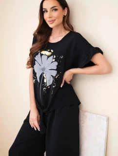 Dámský viskózový komplet s halenkou s potiskem a kalhotami černý