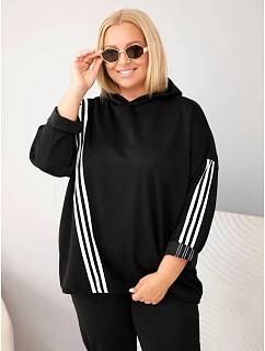 Dámska mikina Plus Size z viskózy s kapucňou a ozdobnými pruhmi, čierna