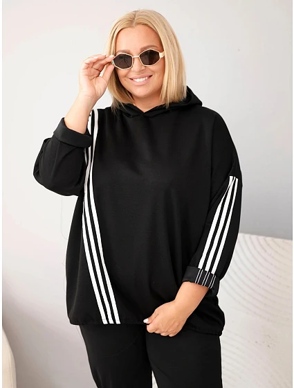 Dámska mikina Plus Size z viskózy s kapucňou a ozdobnými pruhmi, čierna