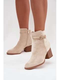Botki Damskie Ocieplane Na Słupku Z Ozdobnym Paskiem Beżowe Galissa