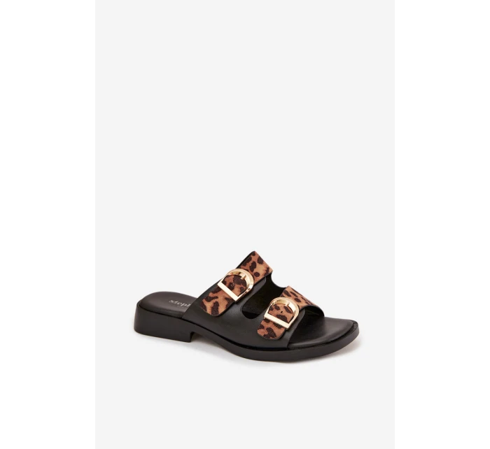 Dámské pantofle se zlatými sponami Leoparda Černo-hnědé Danelle