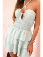 Dámske šaty s odhalenými ramenami, volánikmi a volánikmi tmavej mentolovej farby Dámske šaty s odhalenými ramenami, volánikmi a volánikmi tmavej mentolovej farby