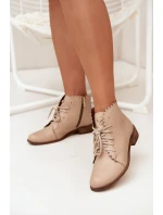 Zazoo 2964 Skórzane Botki Na Płaskim Obcasie Beżowe