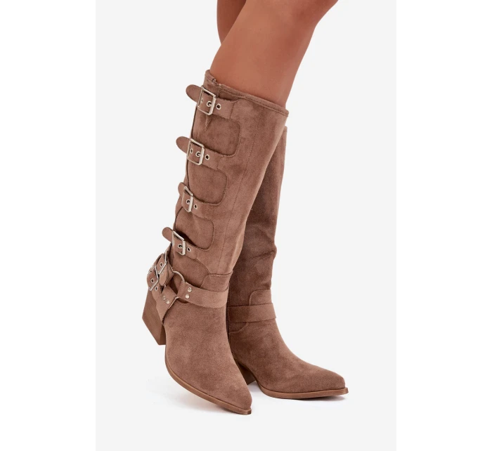Dámske kovbojské čižmy na podpätku s prackami Fivelle - tmavo béžové Dámske kovbojské čižmy na podpätku s prackami Fivelle - tmavo béžové