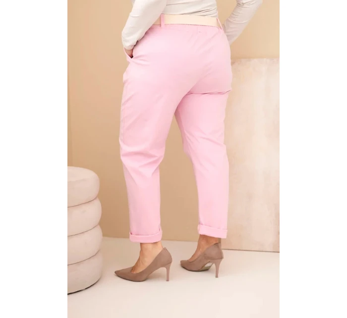 Dámske Plus veľkosť bavlnené nohavice s opaskom svetlo ružová